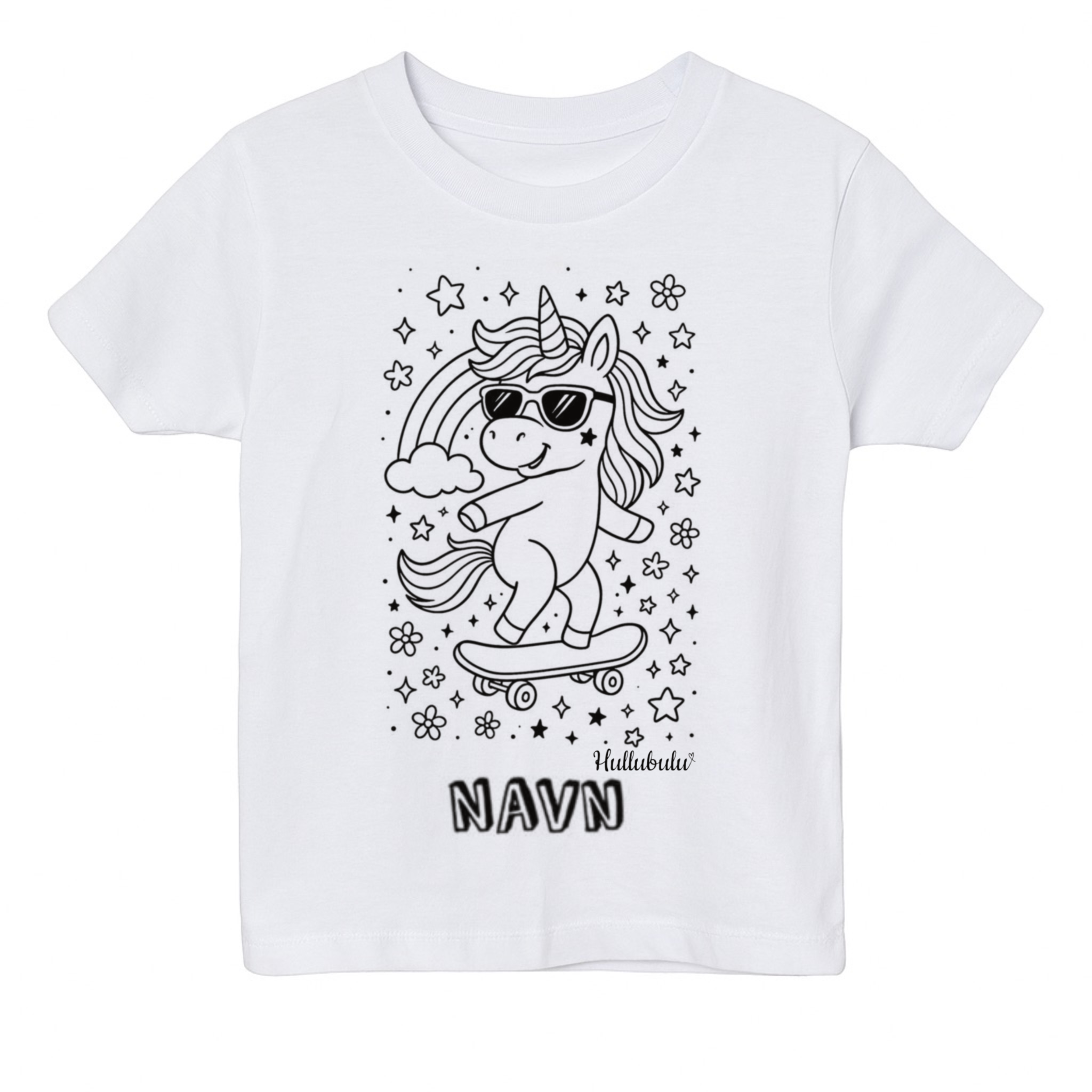 Farvelæg t-shirt Enhjørning på skateboard (inkl. tusser)