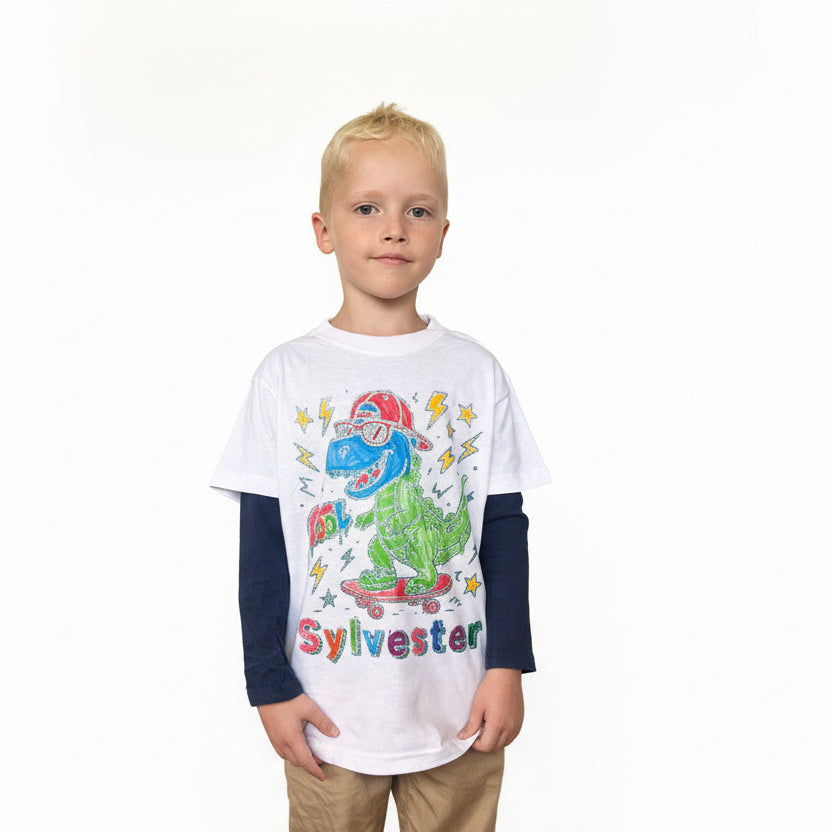 Farvelæg T-shirt – Dino på skateboard (inkl. tusser)